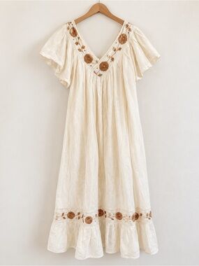 Cream Embroidered V-Neck Cotton Dress